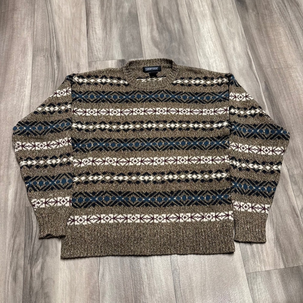 Jantzen Mens Brown Fair Isle Cotton Knit Crewneck Sweater Medium 100% Cotton